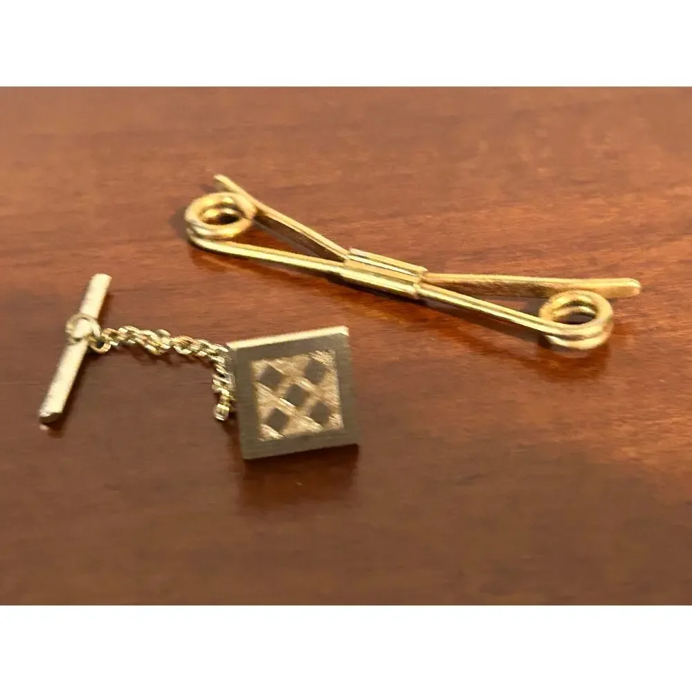 Vintage Gold Tone Tie Clasps Lot of 2 Classic Men's Necktie Bar Clip & Chain